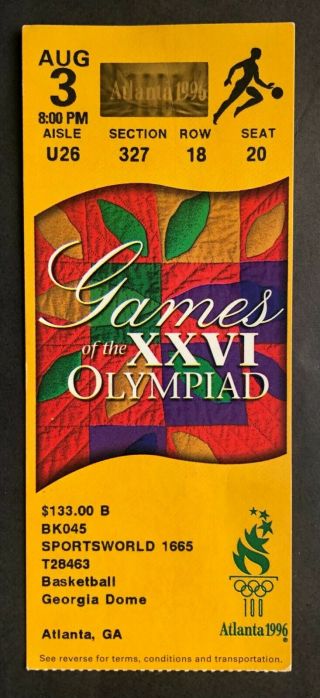 1996 Atlanta Summer Olympics Ticket Stub 8/3/96 Men Basketball Usa Vs Yugoslavia