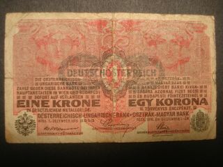 1916 Austria Hungary 1 Krone Old Vintage Paper Money Banknote Currency Note