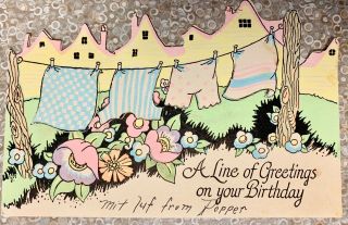 Vintage Art Deco Birthday Greeting Card Laundry Hanging On The Clothes Line 1833