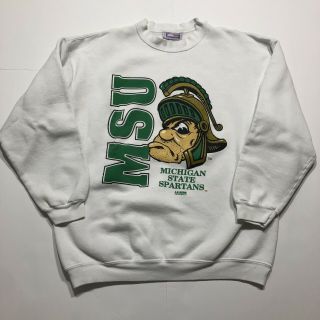 Vintage Michigan State Spartans Sweatshirt Crable M White Sparty Green White 80s