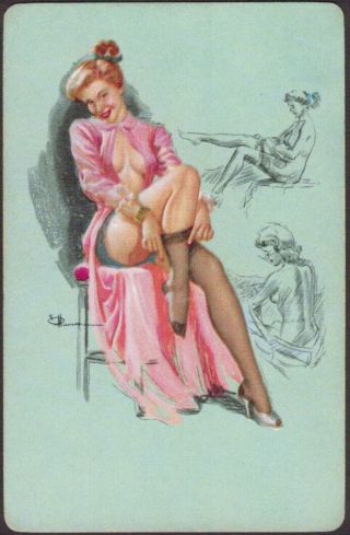 Playing Cards 1 Single Card Old Vintage Pin Up Girl Risque Artist Signed Picture