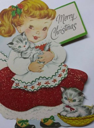 Vtg Christmas Card Die Cut Little Girl Kitty Cats Red Dress Glittered Flocking