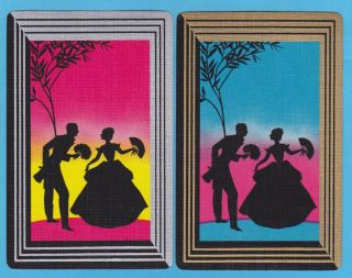 2 Single Vintage Swap/playing Cards Silhouette Deco Gent Lady Fan Flowers