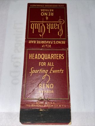 Bank Club Reno Nevada Matchbook Cover Brown Cover
