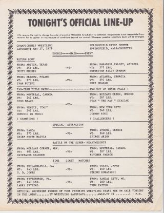 Wwf Program Event Lineup Match Sheet 1978 Wrestling Dusty Rhodes Billy Graham