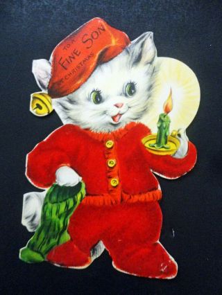 Vintage Die Cut Christmas Card Kitten Velvet Pajamas Candle Stocking Color Card