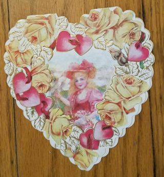 Die - Cut Folded Heart - Shaped Vintage Valentine - Pretty Little Girl & Yellow Roses