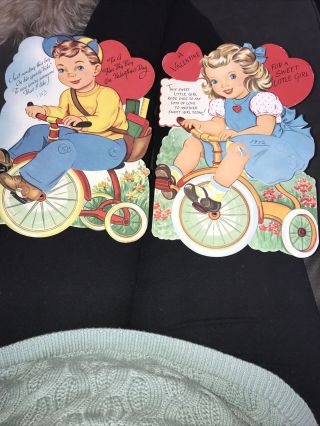 Vintage Large Valentine Card Boy And Girl Movable Legs On Tricycle 1950 Gibson