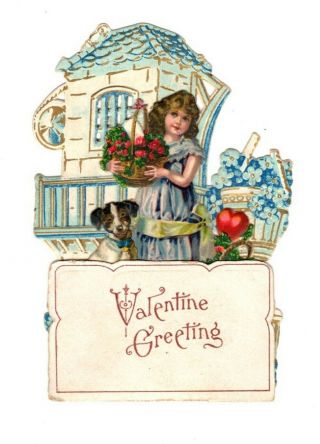 Vintage Antique 3d Fold - Out Girl W/ Her Dog Valentines Day Card Germany