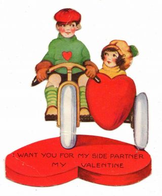 Boy Riding His Motorcycle With Girlfriend In Side Car / Vintage Valentine Card