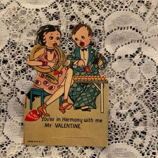 Vintage Greeting Card Valentine Boy Girl Music Horn Instruments