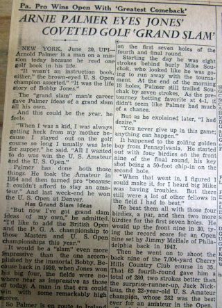 1960 Newspaper Arnold Palmer Wins Us Open Golf Championship W Best Ever Comeback