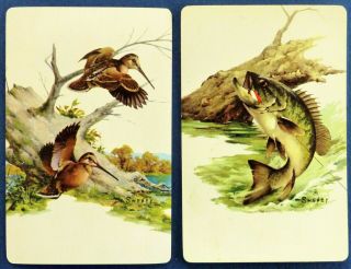 Pair Vintage Swap Cards C1950s.  Game Birds,  Fish.  Woodcock & Bass.  Art F Sweney