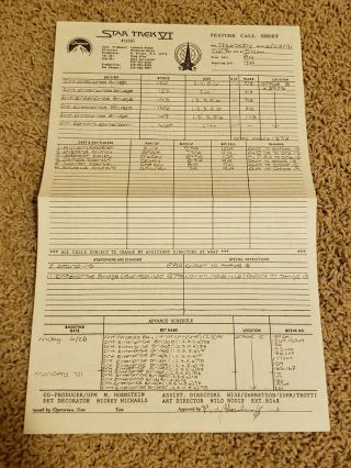 Star Trek Vi The Undiscovered Country Paramount Film Feature Call Sheet 1991