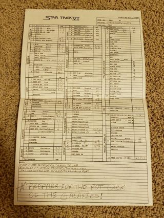Star Trek VI The Undiscovered Country Paramount Film Feature Call Sheet 1991 2