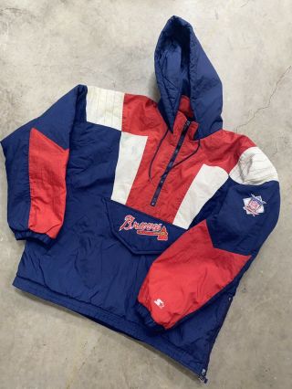 Vtg 90s Atlanta Braves Starter Jacket Sz L Pullover Coat Puffer Pouch
