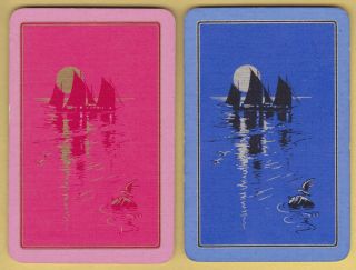2 Single Vintage Swap/playing Cards Sail Boats Moonlight Gold/silver