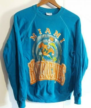 Vintage 80s/90s University Of Miami Hurricanes Large Hanes Blue Sweatshirt Usa