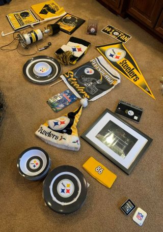 Pittsburgh Steelers Box Of Memorabilia - - Flags,  Towels,  Dishes,  And More
