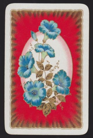 1 Single Vintage Swap/playing Card Blue Trumpet Flower Gold Leaf & Border Detail