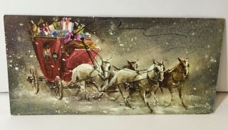 Vtg Hallmark Slim Jims Christmas Card Stagecoach Piled High W/ Presents Horses
