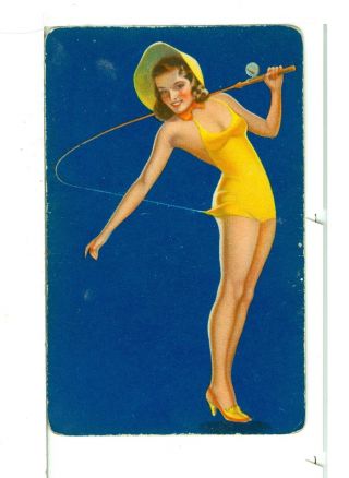 Single Vintage Playing Card Pin Up " Fishing " Blue Bkgd