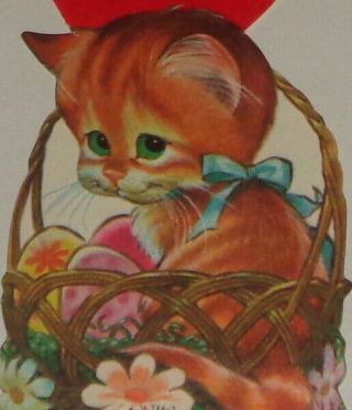 Vintage Valentine Card,  Cute Cat Sitting In An Easter Basket,  5 1/4 "