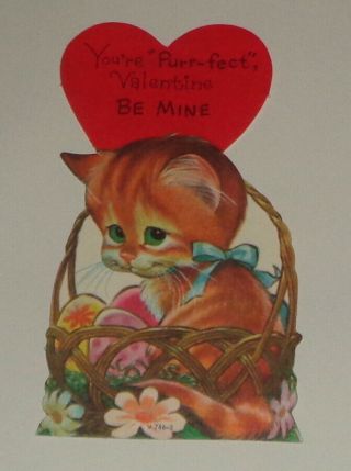 Vintage Valentine card,  cute cat sitting in an Easter basket,  5 1/4 