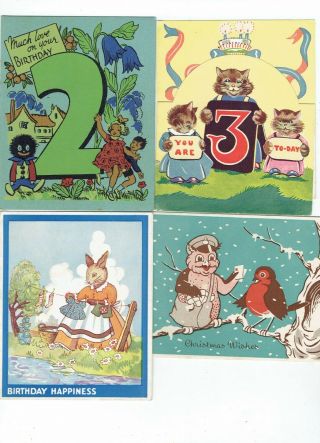 4 X Vintage Birthday Xmas Greetings Cards Anthropomorphic Rabbits Owl Bird Cats
