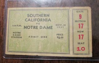 Notre Dame Vs Southern California Ticket Stub Game Played On 11/21/1931