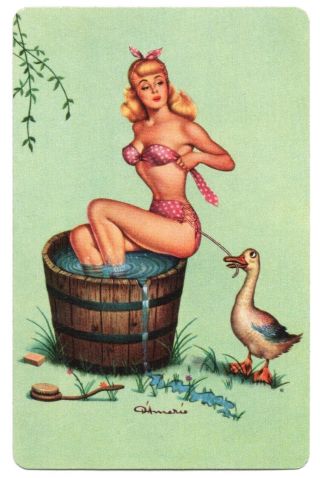 Lady Vintage Swap Card Playing Card Pin Up Risqué 1 Off Only Us Blank Back Duck