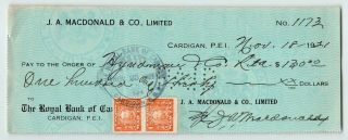 Admiral On Royal Bank Of Canada Check,  Cardigan Silver Black Fox Co Pei