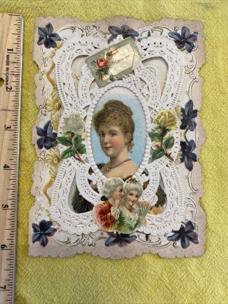 Antique Victorian Card W/paper Lace & Die Cut W/girl And Flowers Valentines Day
