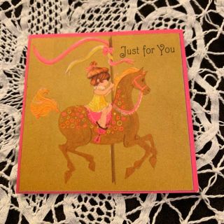 Vintage Greeting Card Mini Birthday Gift Girl On Carousel Horse