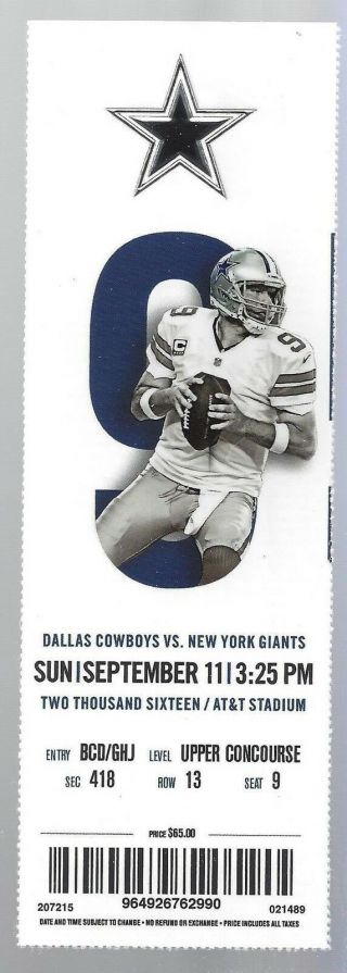 2016 Nfl Ny Giants @ Cowboys Full Football Ticket Ezekiel Elliott 1st First Game