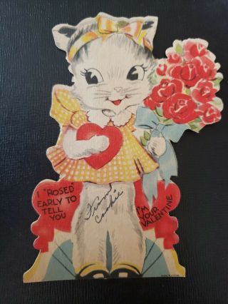 Vtg Valentine Greeting Card Diecut Cute Kitten Girl Dress Bow Roses 1930 - 40s
