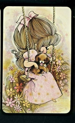 2 Listed Swap Playing Card 70 - 80s Blank Backs Joy Girl On Swing With Her Puppy