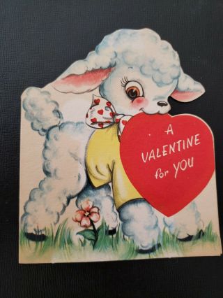 Vtg Valentine Greeting Card Diecut Cute Lamb Shirt For You,  Forget - Me - Not 50s