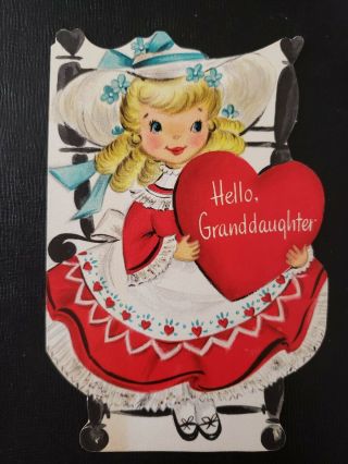 Vtg Hallmark Valentine Greeting Card Diecut Girl Heart Hat Chair Glitter 40 - 50s