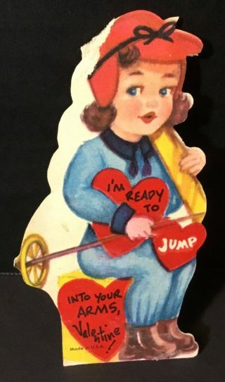 Vtg Diecut Valentines Day Card “i’m Ready To Jump Into Your Arms” Girl Skier