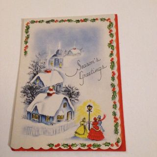 Vintage Greeting Card Christmas Homes Blue Sky People