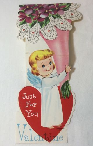 Vtg Diecut One Sided Valentine’s Card Pretty Girl Angel Holding Bouquet Flowers