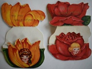 Two Vintage Valentines Fold Outs 1 W Roses & 1 W Tulips