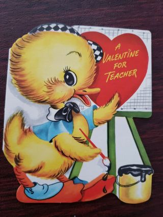 Vtg Valentine Greeting Card Diecut Cute Duck Painting Artist Anthropomorphic Agc
