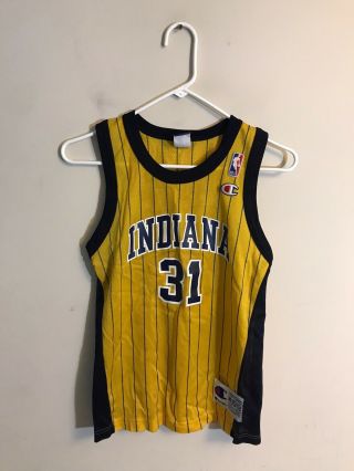 Vtg Reggie Miller Indiana Pacers Yellow Pinstripe Sz Youth Med Champion Jersey