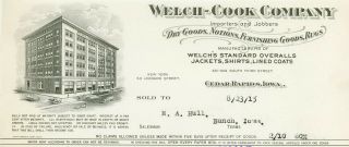 Antique 1915 Billhead Welch - Cook Co Mfrs Overalls Jackets Coats Cedar Rapids Ia