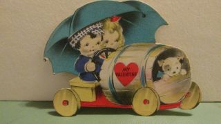 Vintage Valentine Card Of Two Kids In Homemade Car,  By Gibson
