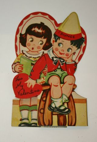 Vintage Fold Out,  Stand Up Valentine,  Girl & Boy W/dunce Cap,  5 " Tall