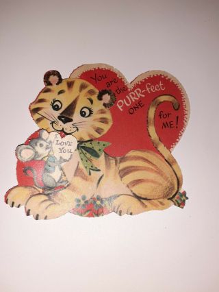 ⭐ Vintage Die Cut Valentine " You Are The Purr - Fect One For Me " Tiger & Mouse J22