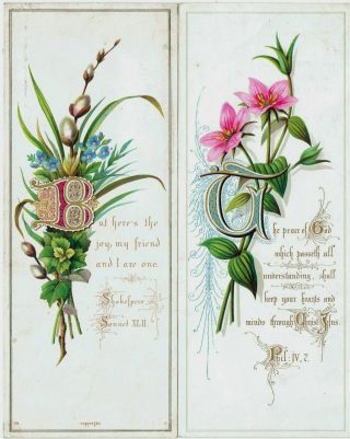 2 X Victorian Christmas Cards Flowers Catkins Religious Text Hr